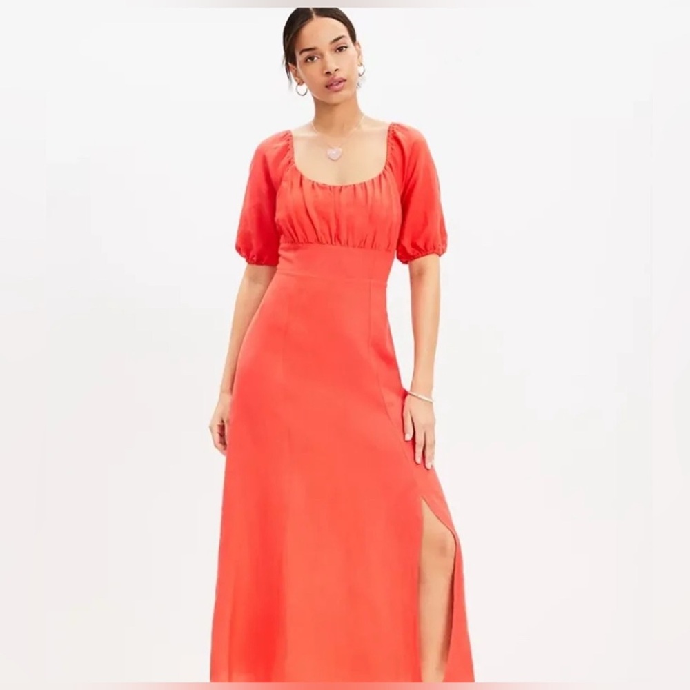 Loft Puff Sleeve Square Neck Midi Orange Dress